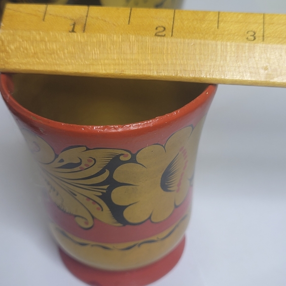 Vintage Russian Khokhloma wood set Vodka bottel 6 goblets one water gobl… - Picture 12 of 16